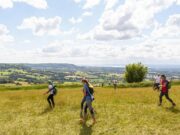 Three runners traverse a sunny field