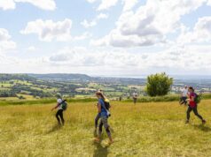 Three runners traverse a sunny field