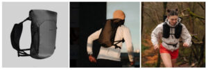 Monttage of a backpack and a man and woman wearing it while running
