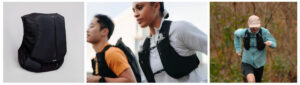 Montage of a small hydration vest and three people wearing it while running