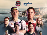 Strong start list for IRONMAN 70.3 Elsinore Battle Montage of 8 athletes against a coastal town.