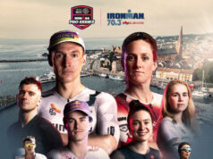 Strong start list for IRONMAN 70.3 Elsinore Battle Montage of 8 athletes against a coastal town.