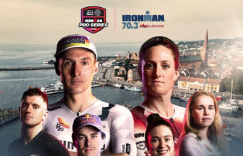 Strong start list for IRONMAN 70.3 Elsinore Battle Montage of 8 athletes against a coastal town.