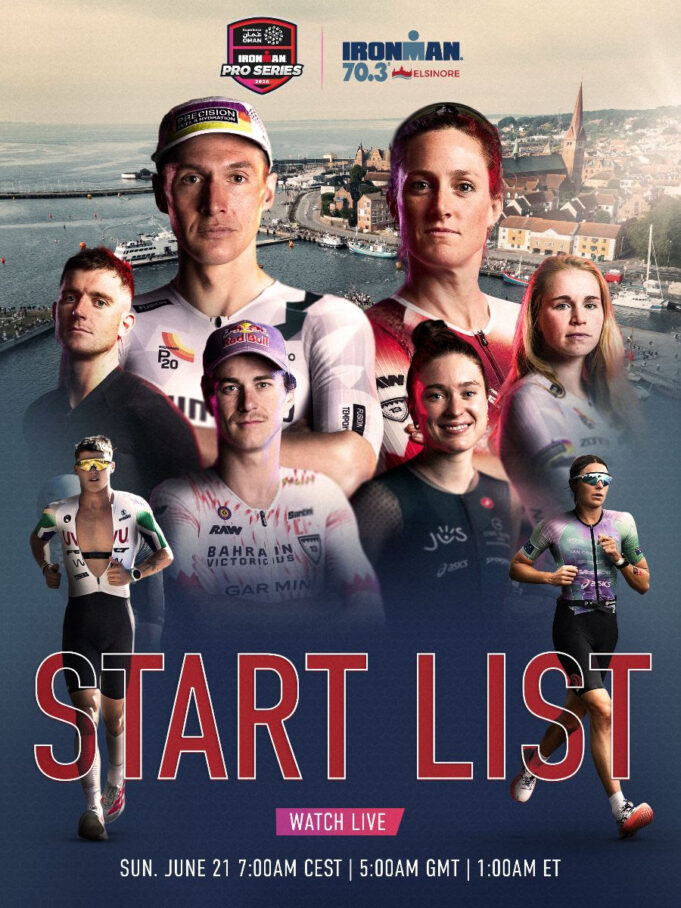 Montage of 8 athletes against a coastal town.