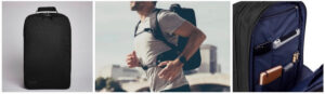 Montage of a commuter backpack and a man wearing it while running.