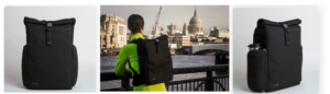 Montage showing a black commuter backpack and a man wearing it looking out over the Thames in central London
