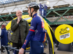 One year until British Grand Départ A man chats to a cyclist