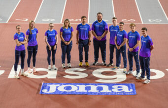 Joma and scottishathletics extend partnership 10 athletes stand on a track in Joma kit