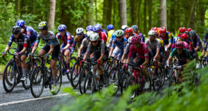 Peloton of female cyclists on a woodland road