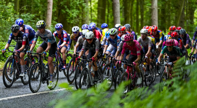 Stage routes for 2026 Lloyds Tour of Britain Women Peloton of female cyclists on a woodland road