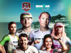IRONMAN 70.3 Swansea start list Montage of 7 triathletes on a green background of Swansea Bay.