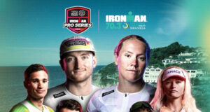 Montage of 7 triathletes on a green background of Swansea Bay.