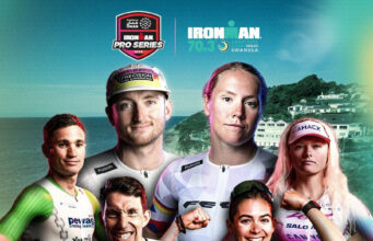 IRONMAN 70.3 Swansea start list Montage of 7 triathletes on a green background of Swansea Bay.
