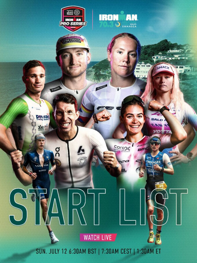 Montage of 7 triathletes on a green background of Swansea Bay.