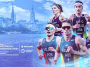 2026 World Triathlon Championship Series Hamburg Montage of three female and three male athletes on a cityscape