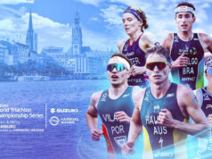 2026 World Triathlon Championship Series Hamburg Montage of three female and three male athletes on a cityscape
