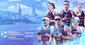 Montage of three female and three male athletes on a cityscape