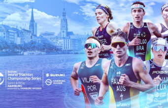 2026 World Triathlon Championship Series Hamburg Montage of three female and three male athletes on a cityscape
