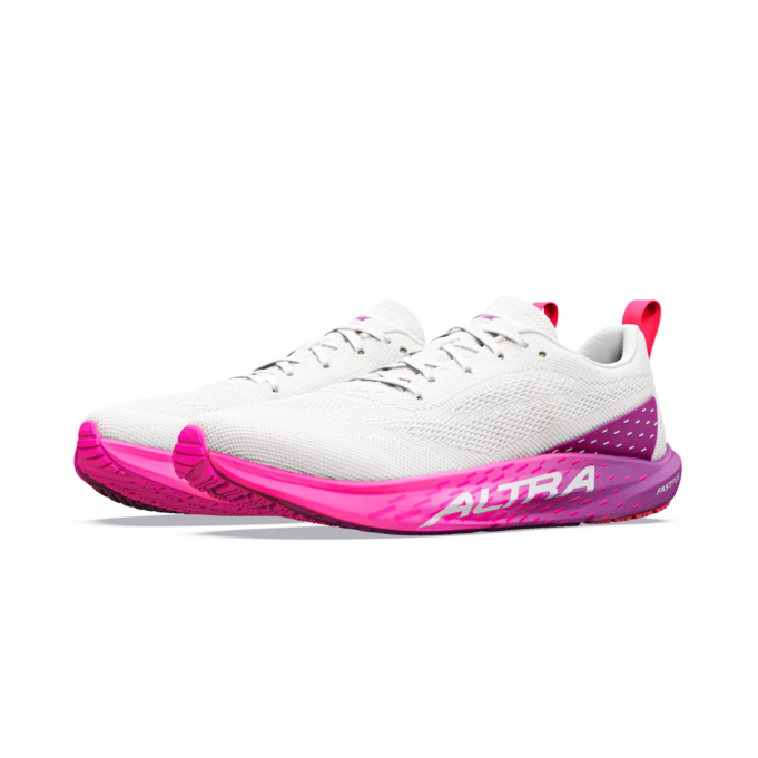 ALTRA White running shoes with a high drop bright pink sole