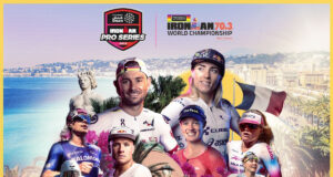 Montage of triathletes over an aerial shot of the Nice coastline