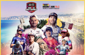 Montage of triathletes over an aerial shot of the Nice coastline