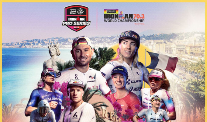 Montage of triathletes over an aerial shot of the Nice coastline