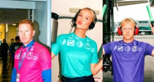 Montage of three people each wearing a colourful Joma tshirt
