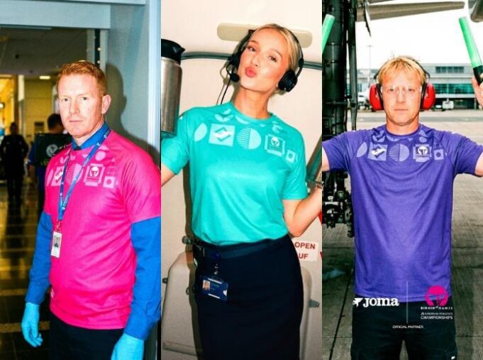 Montage of three people each wearing a colourful Joma tshirt