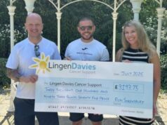 Lingen Davies takes on Shrewsbury Half and Metric Half Two men and a woman hold a giant cheque