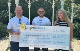 Lingen Davies takes on Shrewsbury Half and Metric Half Two men and a woman hold a giant cheque