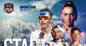 Montage of triathletes in front of a mountainous backdrop