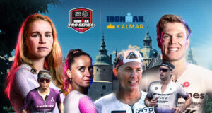 Montage of six triathletes over a city landscape.