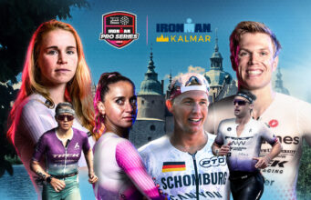 Montage of six triathletes over a city landscape.