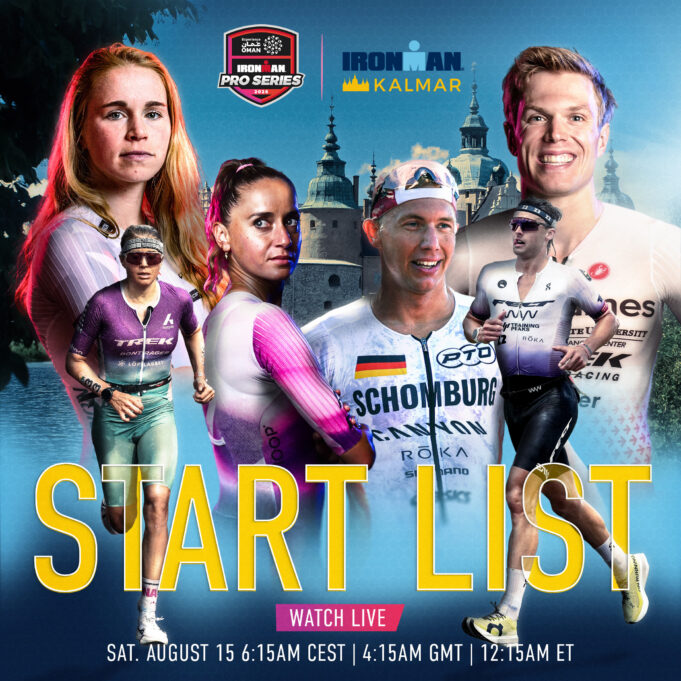Ironman Montage of six triathletes over a city landscape.