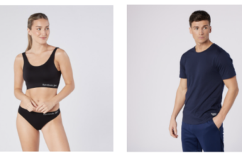 Reebok reveals AW26 underwear Woman in black crop top and knickers, man in navy tshiirt and navy pants
