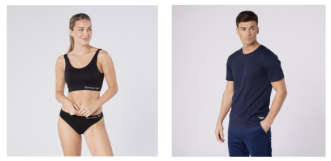 Reebok Woman in black crop top and knickers, man in navy tshiirt and navy pants