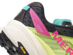 Merrell debuts SpeedARC Peak Close up of heel end of a green trail shoe