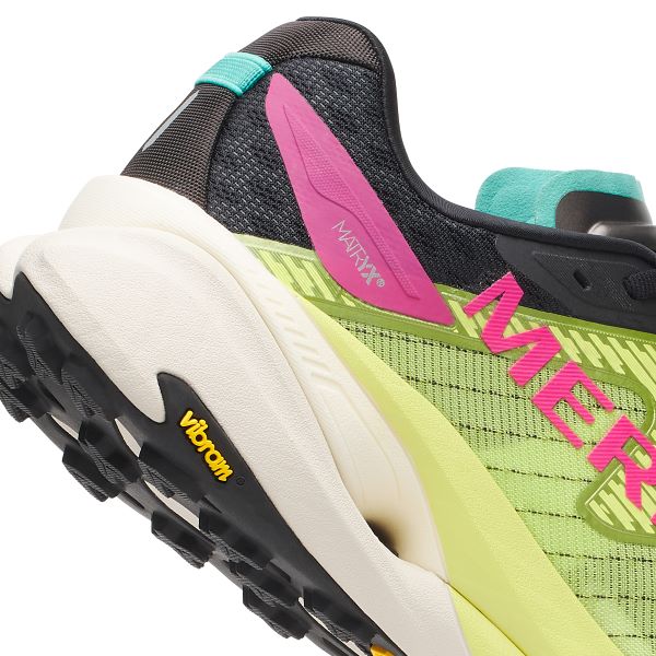 Merrell Close up of heel end of a green trail shoe