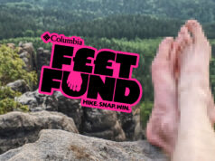 Photo of bare feet crossed on a hillside, but with feet blurred out. Text reads FEET FUND