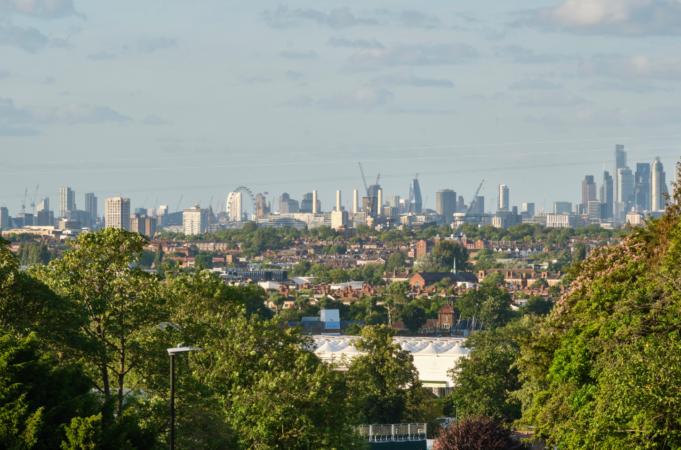 Run South London London city skyline framed by lots of leafy trees