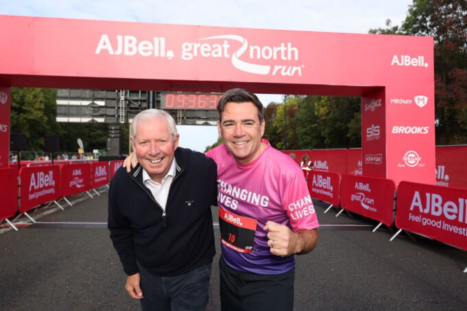 Andy Burnham Great North Run Andy Burnham poses with Brendan Foster in front of the start line