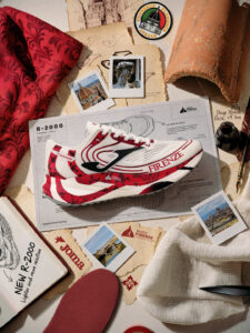Red and white running shoe