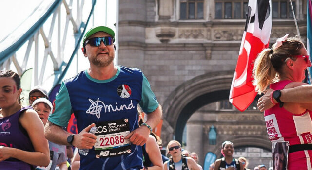 From Half Mara to London Marathon: Tim Goule’s Story Man runs over Tower Bridge amongst lots of other runners.