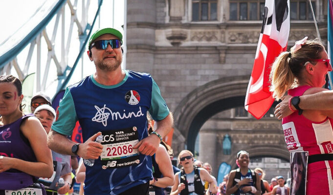 From Half Mara to London Marathon: Tim Goule’s Story Man runs over Tower Bridge amongst lots of other runners.