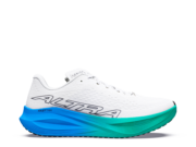 Altra launch Vanish Tempo 2 A whiite shoe with blue/green thick foam sole and ALTRA written in black on the white material