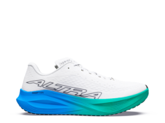 A whiite shoe with blue/green thick foam sole and ALTRA written in black on the white material