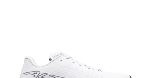 A whiite shoe with blue/green thick foam sole and ALTRA written in black on the white material