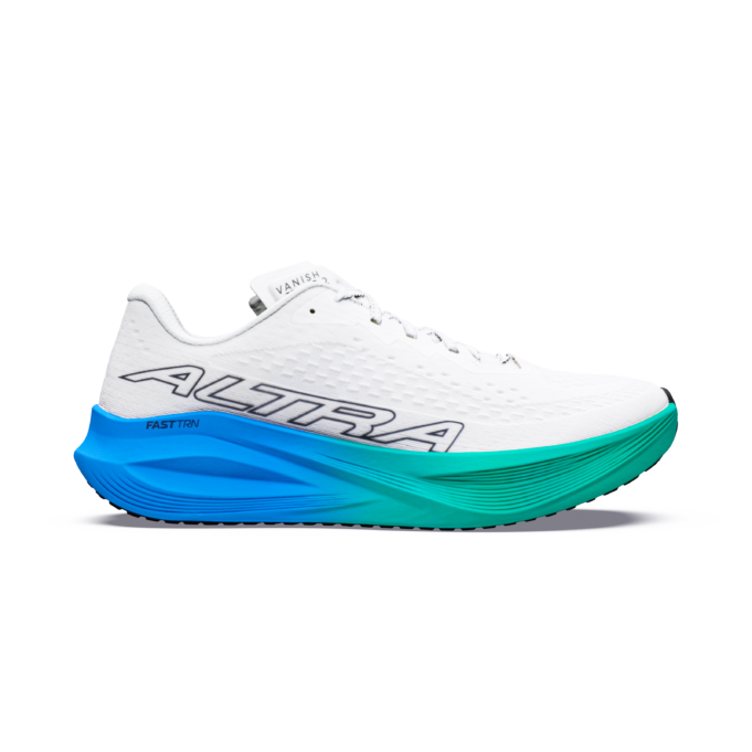 Alpha A whiite shoe with blue/green thick foam sole and ALTRA written in black on the white material