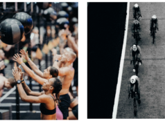 World Triathlon and HYROX join forces Two images: Left image shows a row of people throwing medicine balls against a frame, in colour Riight iimage shows cyclists from above on a road, in black and white