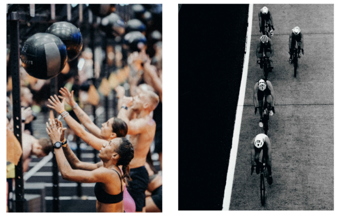 WT Hyrox Two images: Left image shows a row of people throwing medicine balls against a frame, in colour Riight iimage shows cyclists from above on a road, in black and white